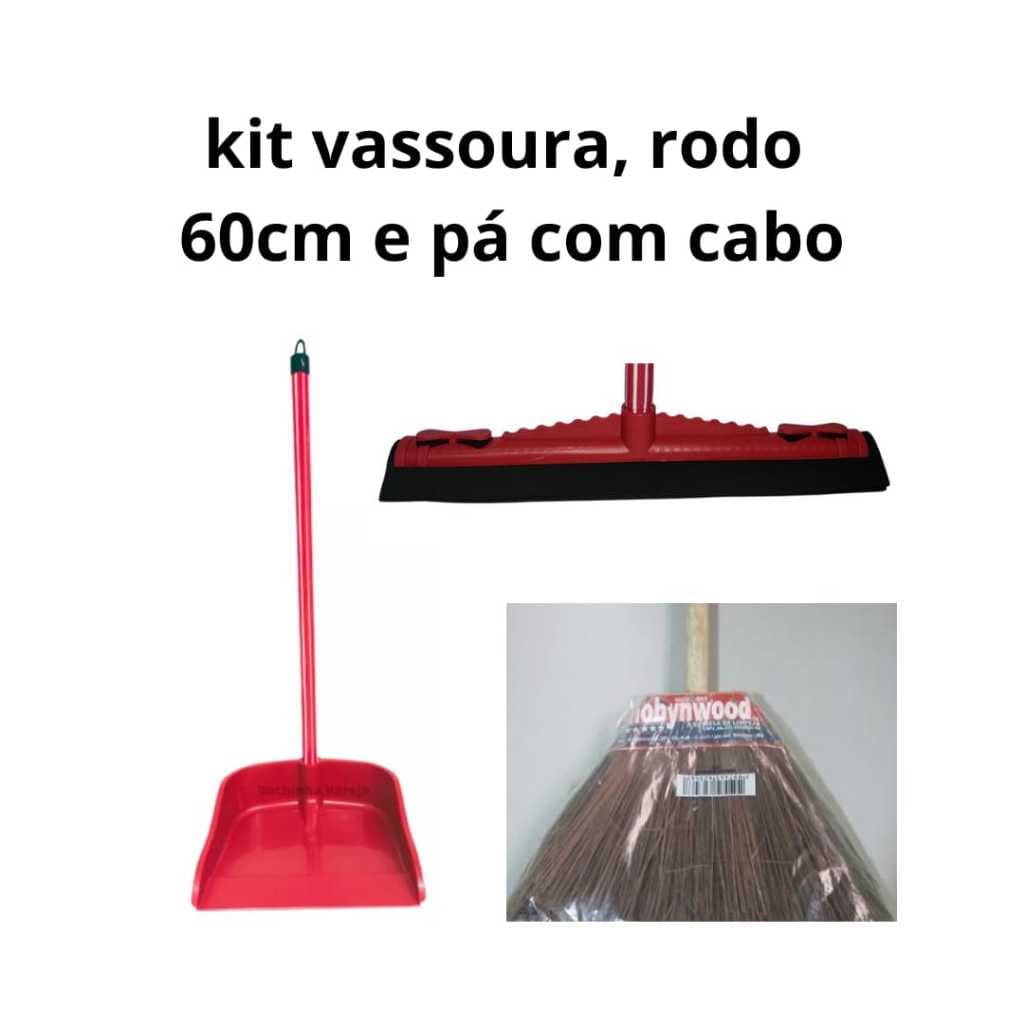 Kit Vassoura Piaçava, Rodo 60cm e pá de lixo com cabo