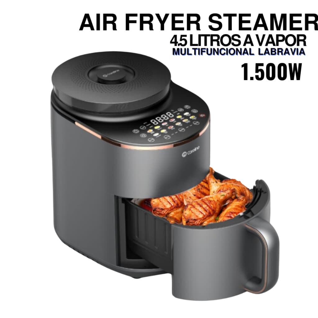 Frigideira Air Fryer Steamer 4.5 Litros Multifuncional Labravia com alimentos cozidos