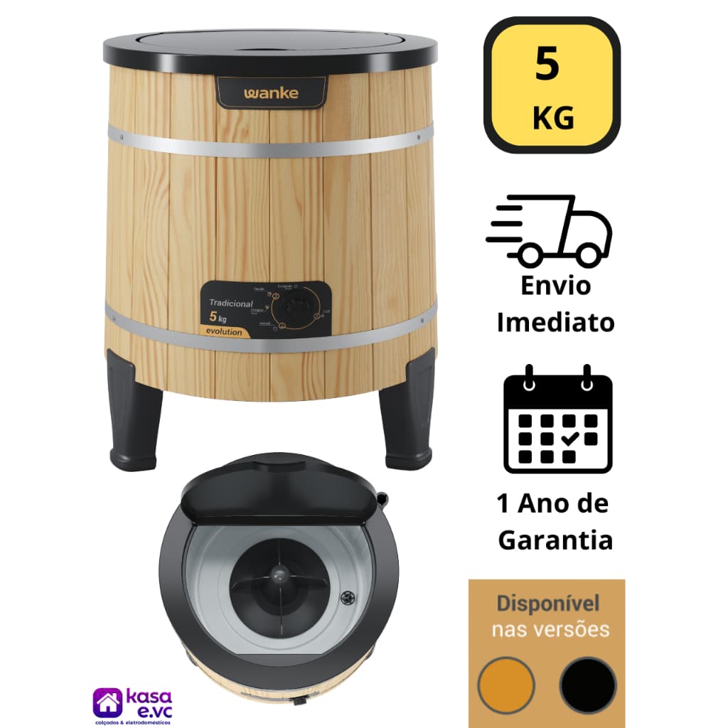 Máquina de lavar semiautomática tradicional Wanke 5 kg marrom claro com controles e ícones de envio e garantia