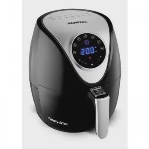 Fritadeira Elétrica Mondial Family-X 2L, preta e prata, com display digital e controles de temperatura e tempo.