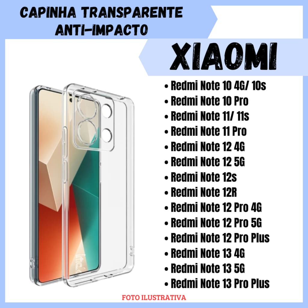 Capa transparente anti-impacto para Xiaomi Redmi Note 10, 11, 12 e 13