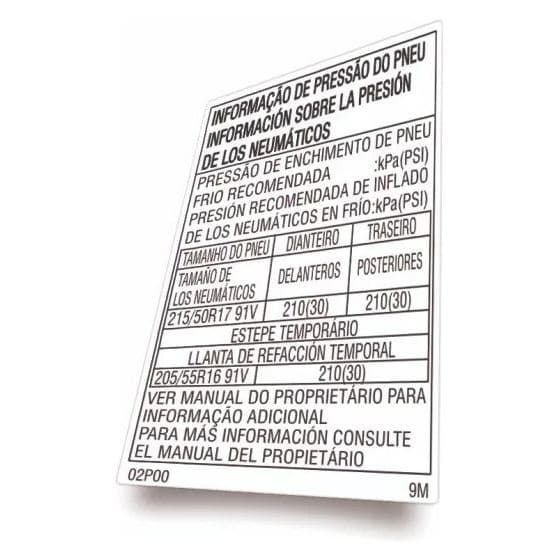 Adesivo Pressão Pneus Toyota Corolla 215/50 R17 91v