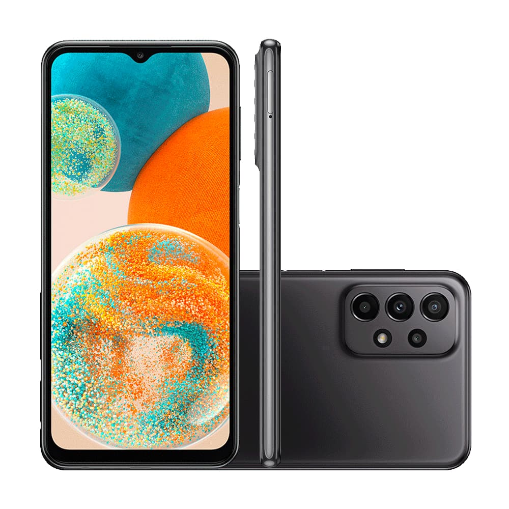 Smartphone Samsung Galaxy A23 5G 128GB, 4GB RAM, Octa-Core, Selfie de 8MP, Tela de 6.6 polegadas, ângulo frontal e traseiro.