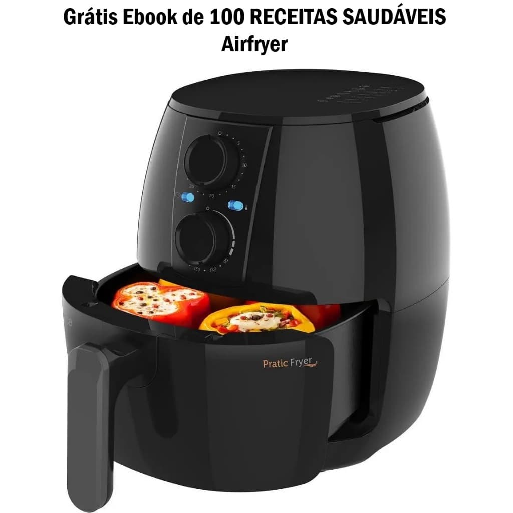 Fritadeira de ar multifuncional Cadence 3l com alimentos prontos para fritar, texto 'Grátis E-book de 100 Receitas Saudáveis Airfryer'.