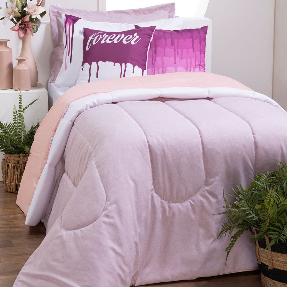 Kit de edredom solteiro com 5 peças, design de gotas rosa e branco, edredom acolchoado, fronhas com estampas de gotas.
