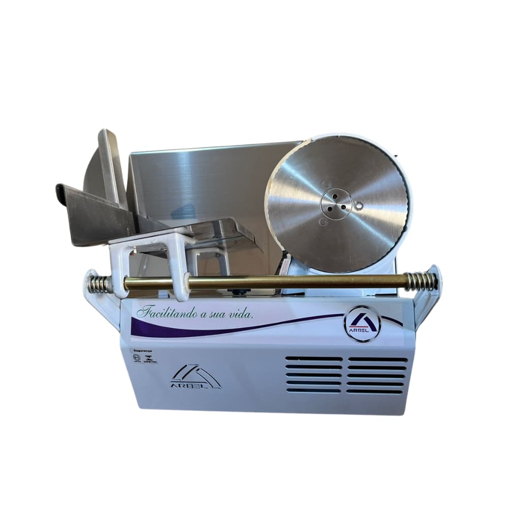 Cortador de Frios Elétrico Semi Automático Arbel, lâmina 170mm, aço inoxidável e base branca, facilitando a sua vida.