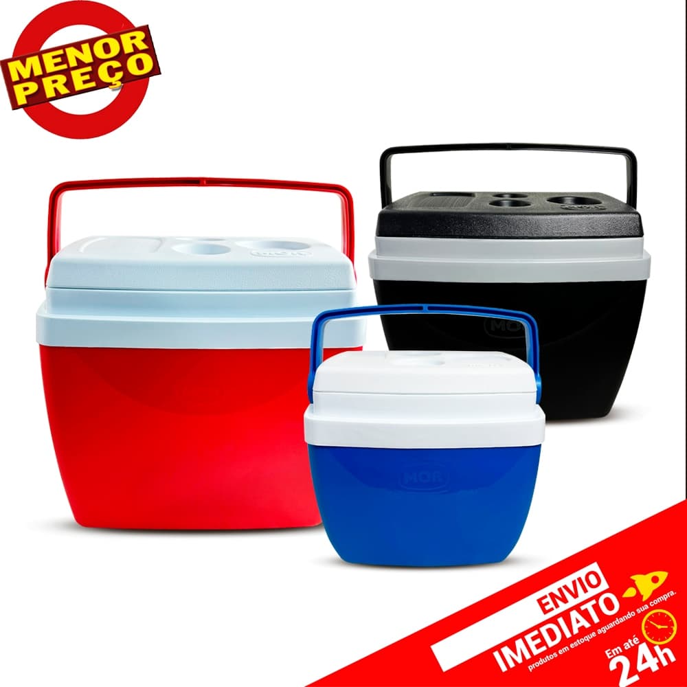 Caixas térmicas vermelha, azul e preta com alças e tampas brancas e azuis. Texto promocional.