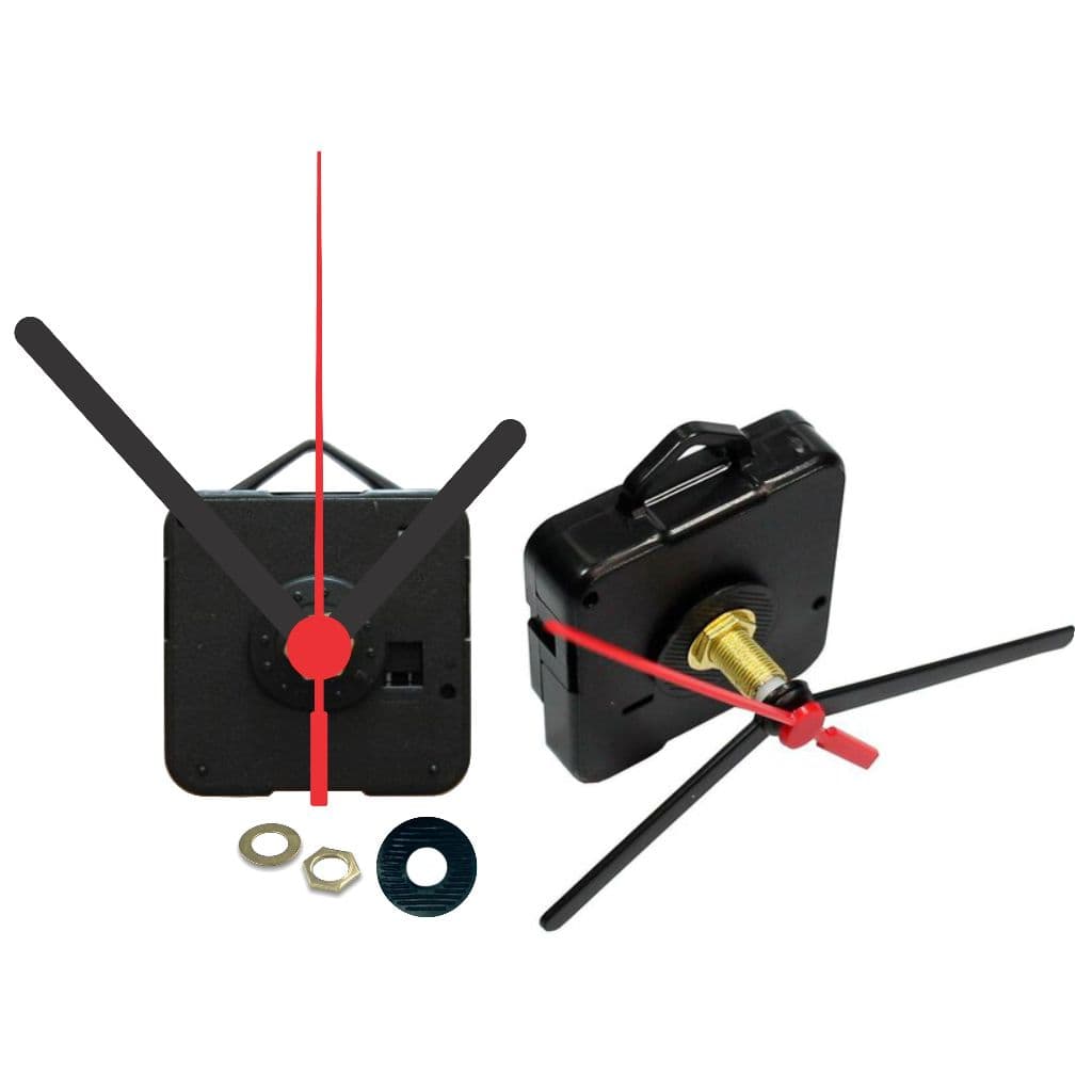 Máquina de relógio com peças desmontadas, ponteiros vermelhos e dourados, mecanismo exposto, fundo branco