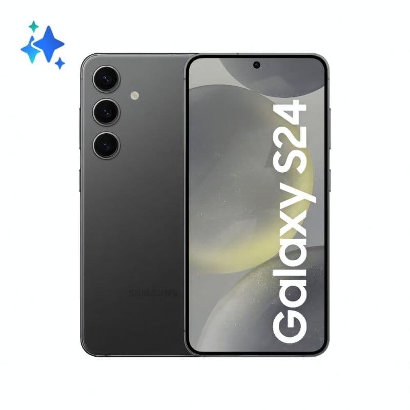 Visão traseira do smartphone Samsung Galaxy S24 em preto com câmera tripla e logo Samsung