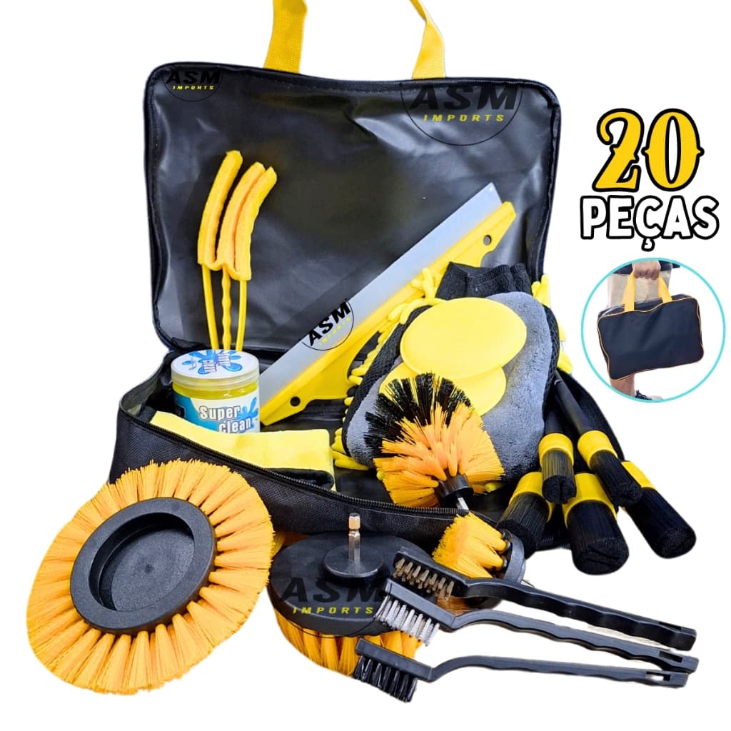 Kit de Limpeza Automotiva 20 Peças com Escovas, Pincéis, Luvas, Rodos e Esponjas