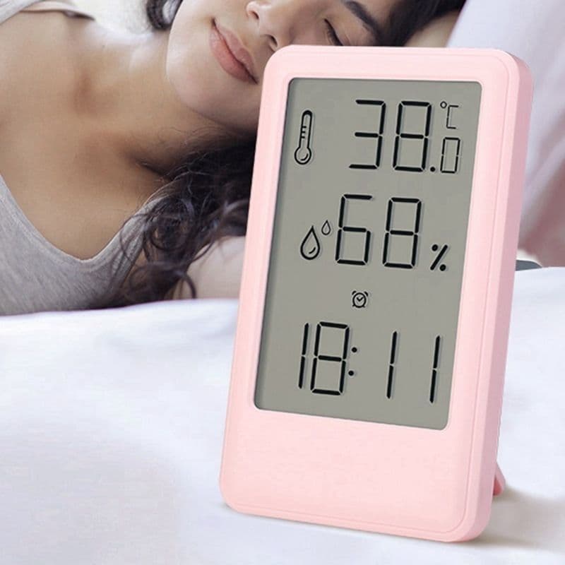 Relógio digital de mesa rosa com despertador, higrômetro e termômetro