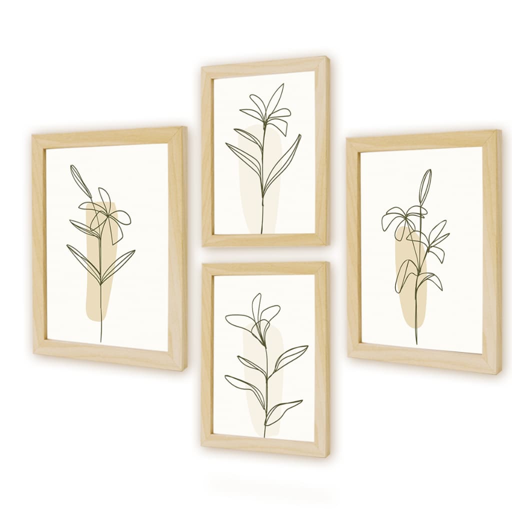 Conjunto de quatro quadros decorativos abstratos boho com folhagens minimalistas em molduras naturais