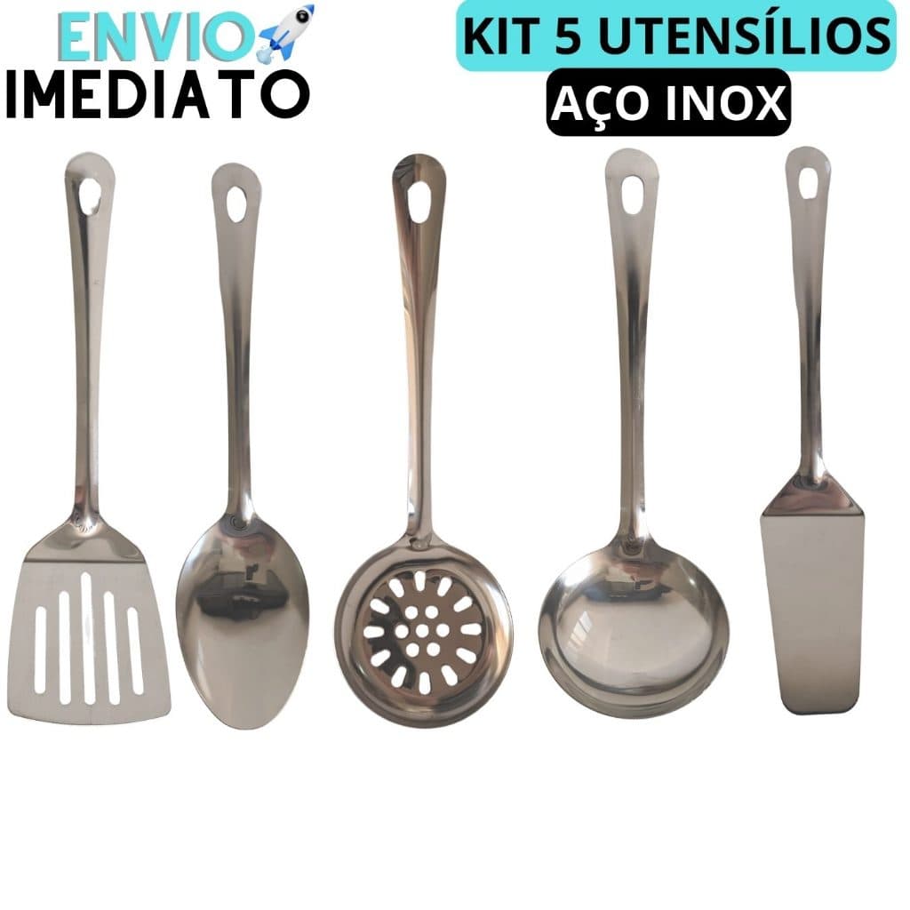 Kit 5 Utensílios de Cozinha Aço Inox Escumadeira Espátula Colher Concha Peneira
