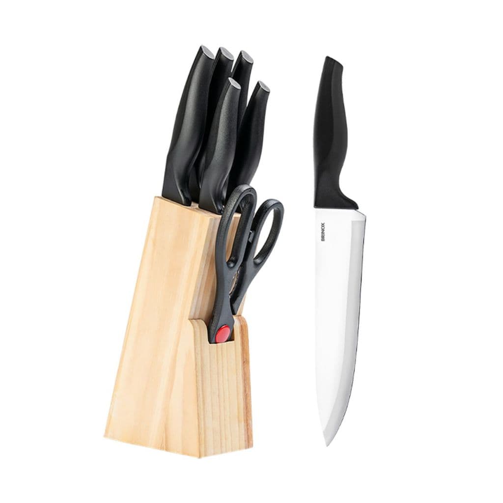 Conjunto de facas Brinox Cross 7 peças com suporte de madeira, facas com cabo preto e lâminas afiadas
