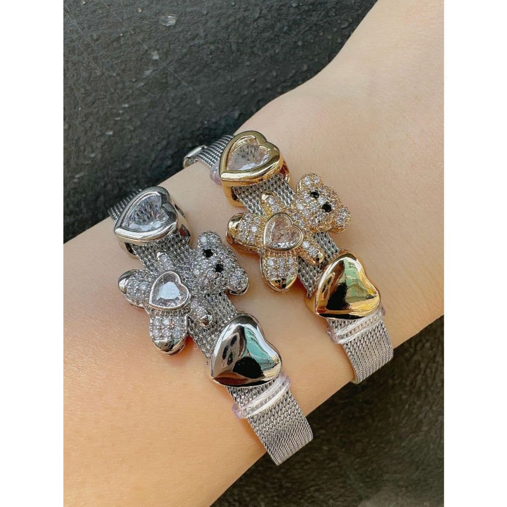1 Peça Pulseira de Design de Aço Inoxidável com 3 Peça Decoração de Pingente de Banho Folheado, Ajustável Modelo Urso