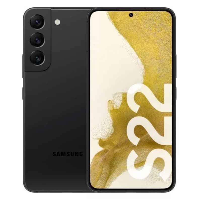 Smartphone Samsung Galaxy S22 preto com tela mostrando o número 22