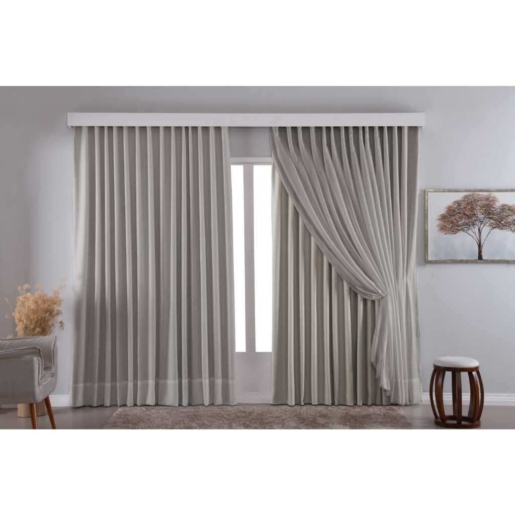 Cortina de linho gaze cinza com forro blackout para trilho suíço max