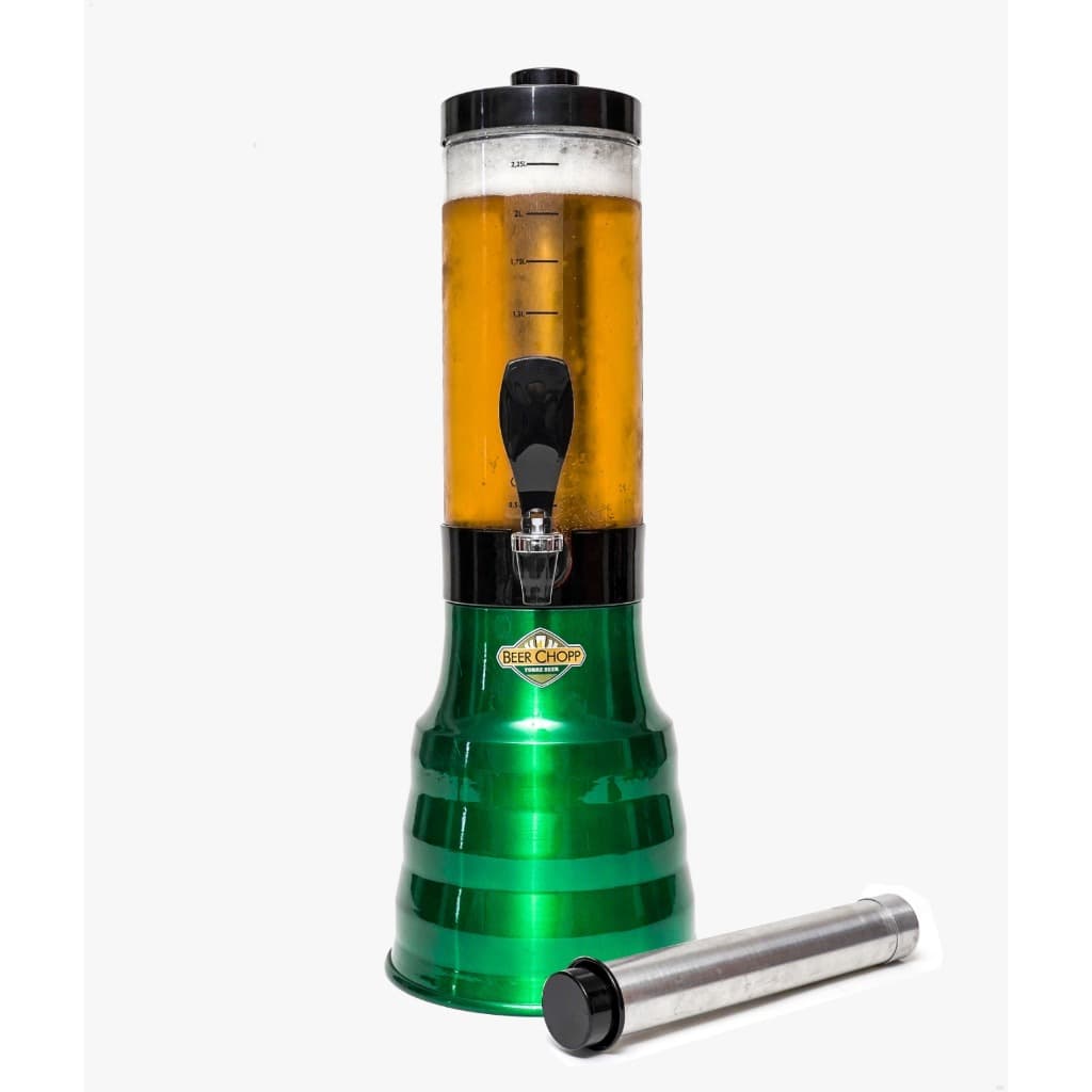 Torre de chopp verde com base giratória e copo removível, cheia de cerveja dourada