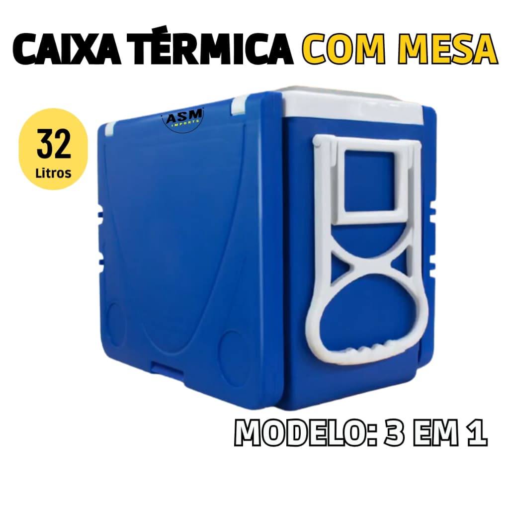 Caixa Térmica Multifuncional 3 em 1 Azul 32 Litros com Mesa Removível