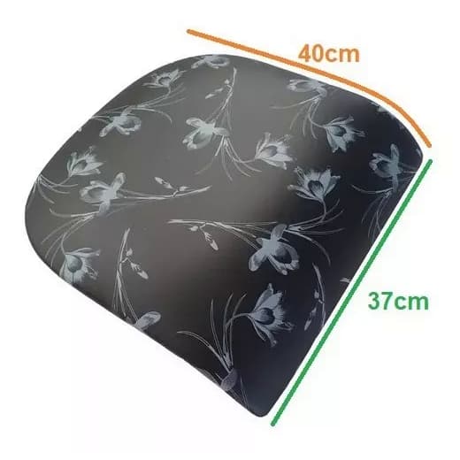 Assento acolchoado com padrão floral preto e cinza, dimensões 40x37 cm