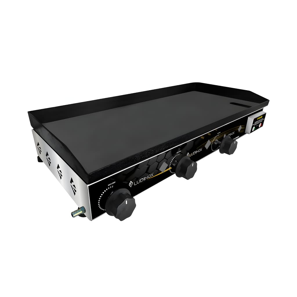 Chapa de lanche industrial a gás preta e prata, controle de temperatura, placa com texto LUDEN