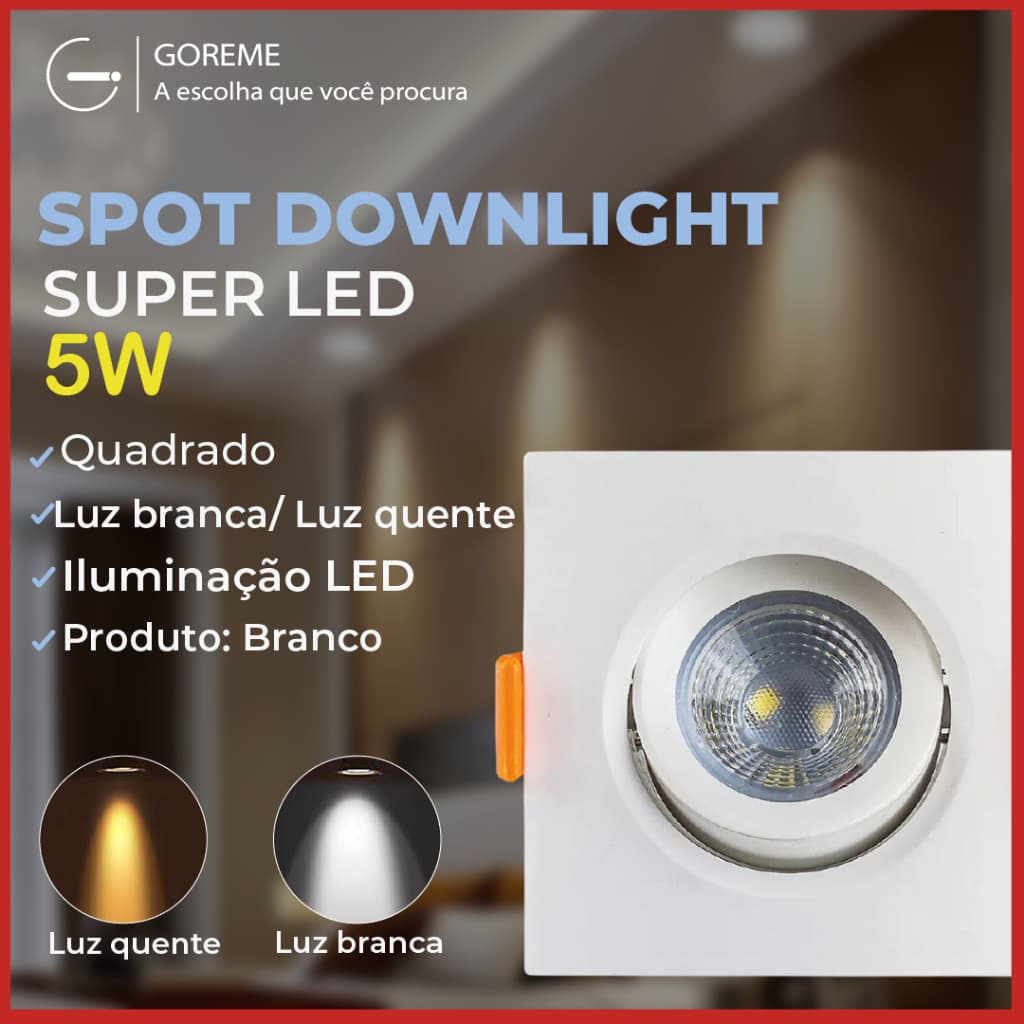 Luminária Spot Led Quadrado Direcionável 5W Embutir Gesso Teto | Luz Fria / Luz Quente Bivolt Spot