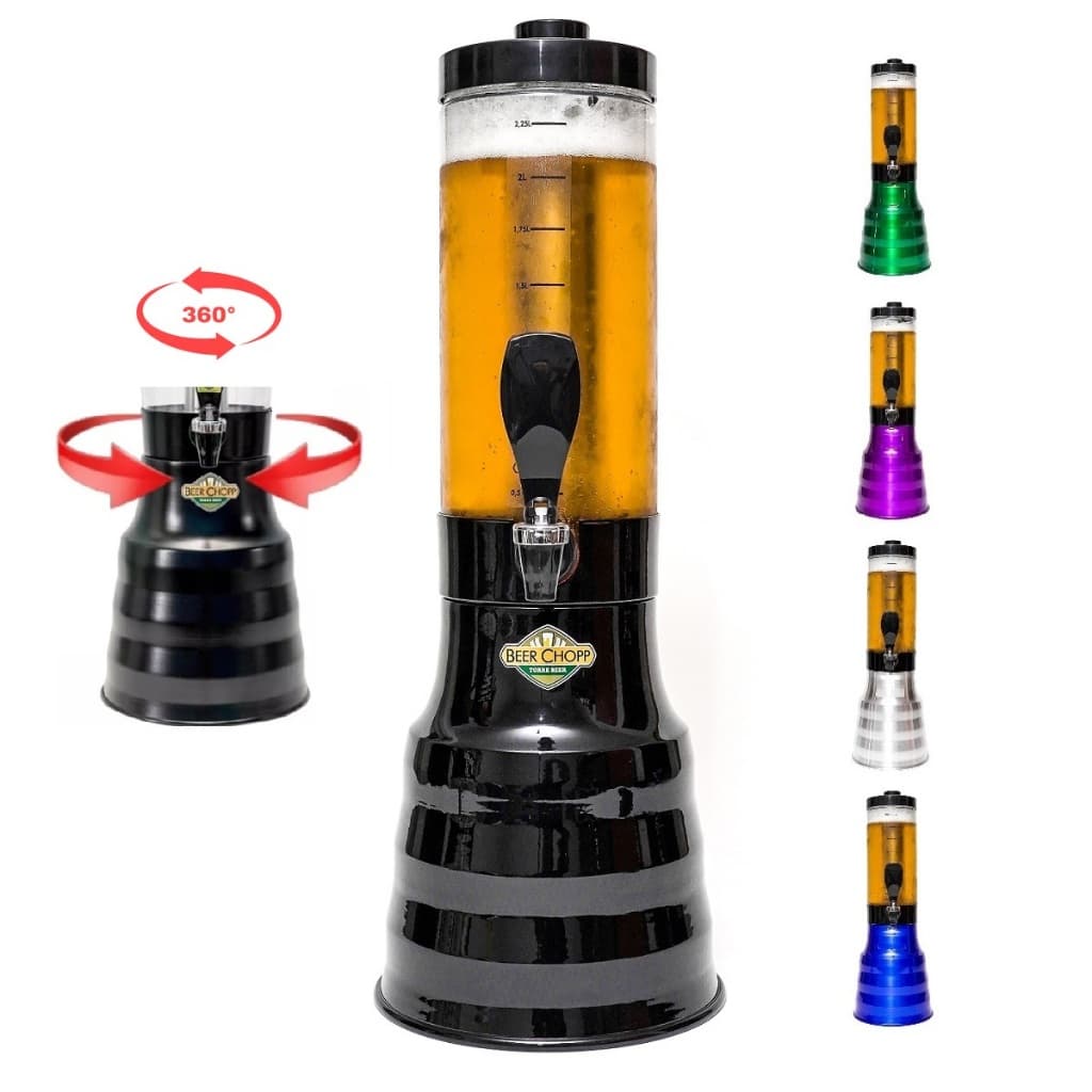 Torre de chopp preta com 2,2 litros, copo giratório e refil gelante, copos coloridos ao lado