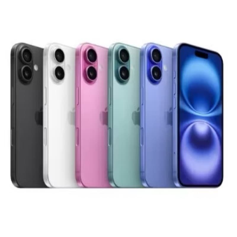iPhone 16 Plus em cores preto, branco, rosa, verde, azul e roxo com fundo branco