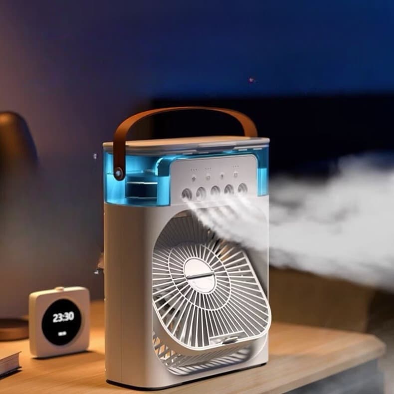 Mini ar condicionado climatizador umidificador ventilador portátil USB com LED azul e alça marrom