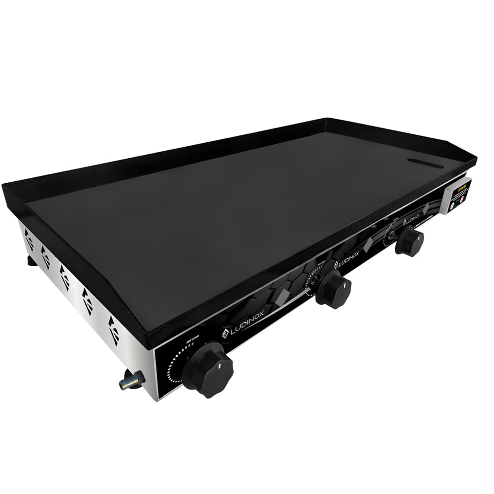 Chapa de lanches a gás 80x40 cm em aço inoxidável industrial, com controle de temperatura e logotipo LUDONIX