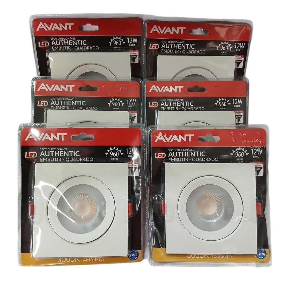 Kit 6 spots LED quadrados embutidos 12W bivolt Avant, cor amarela, 3000K, 110V/220V