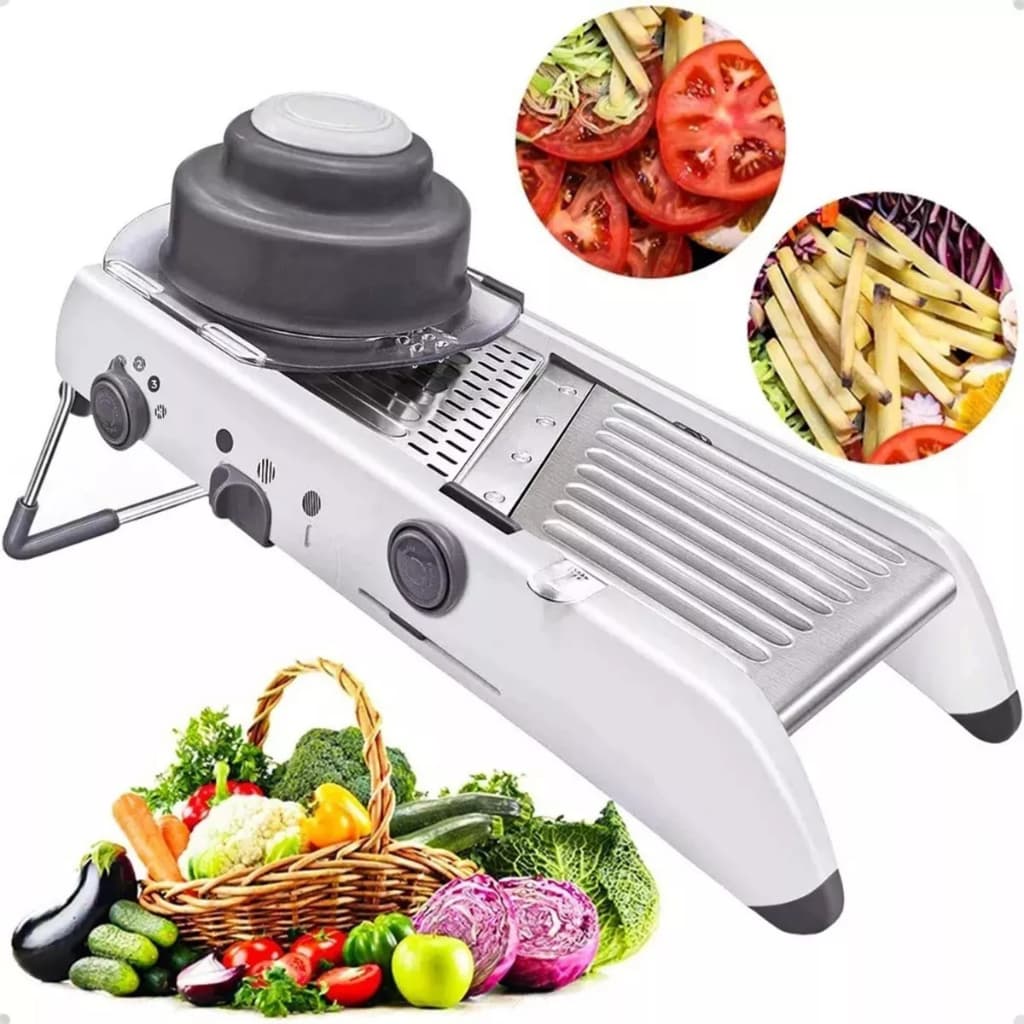 Mandolin Cortador Fatiador Profissional De Legumes Batata Cebola 18 Tipos de Corte Aço Inox com vegetais cortados