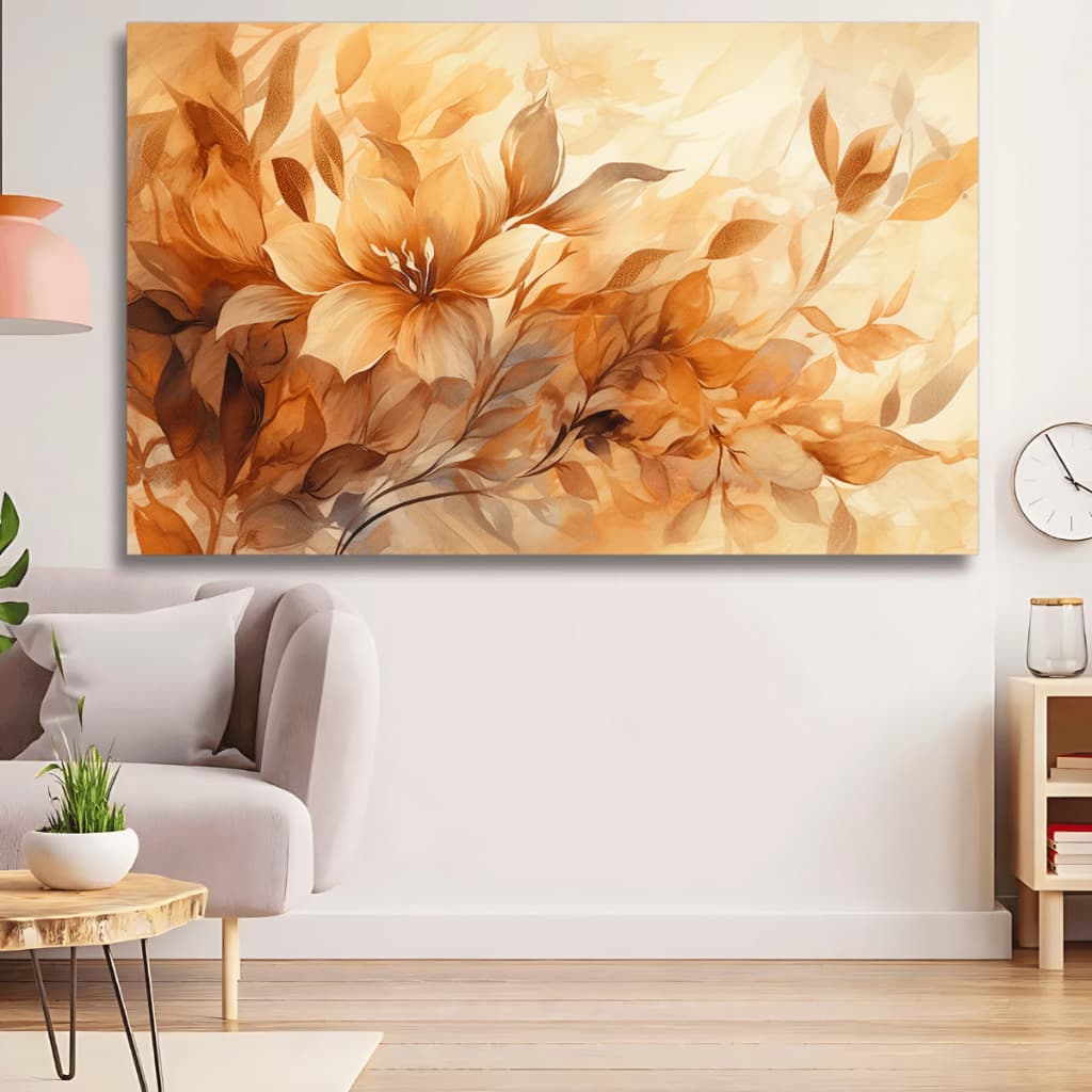 Quadro decorativo grande com flores de lilás do campo em amarelo e marrom