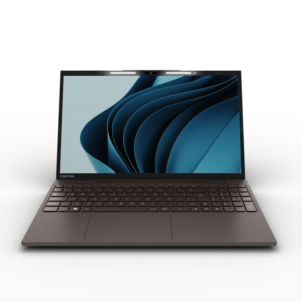 Notebook Positivo Vision I15 aberto com teclado e tela de padrão azul, fundo branco.