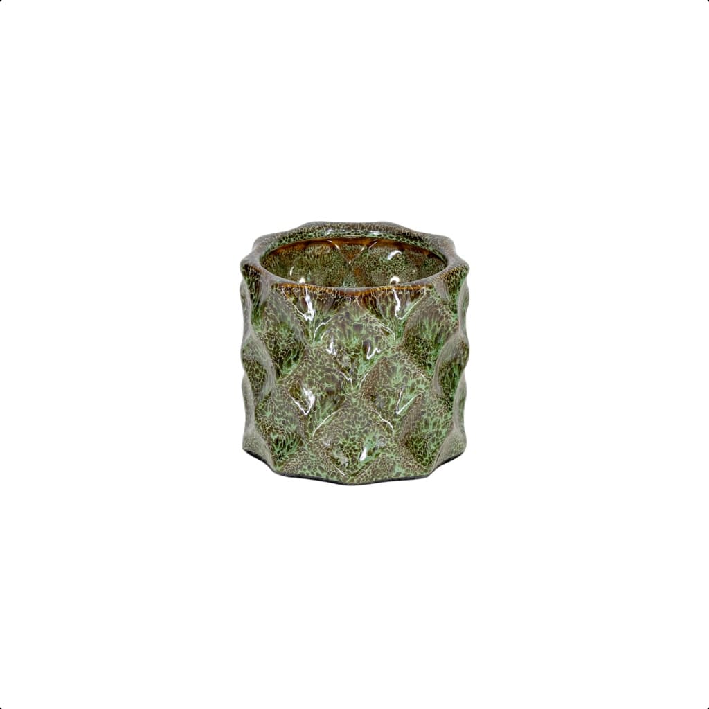 Vaso cachepo cerâmico verde e marrom com padrão texturizado