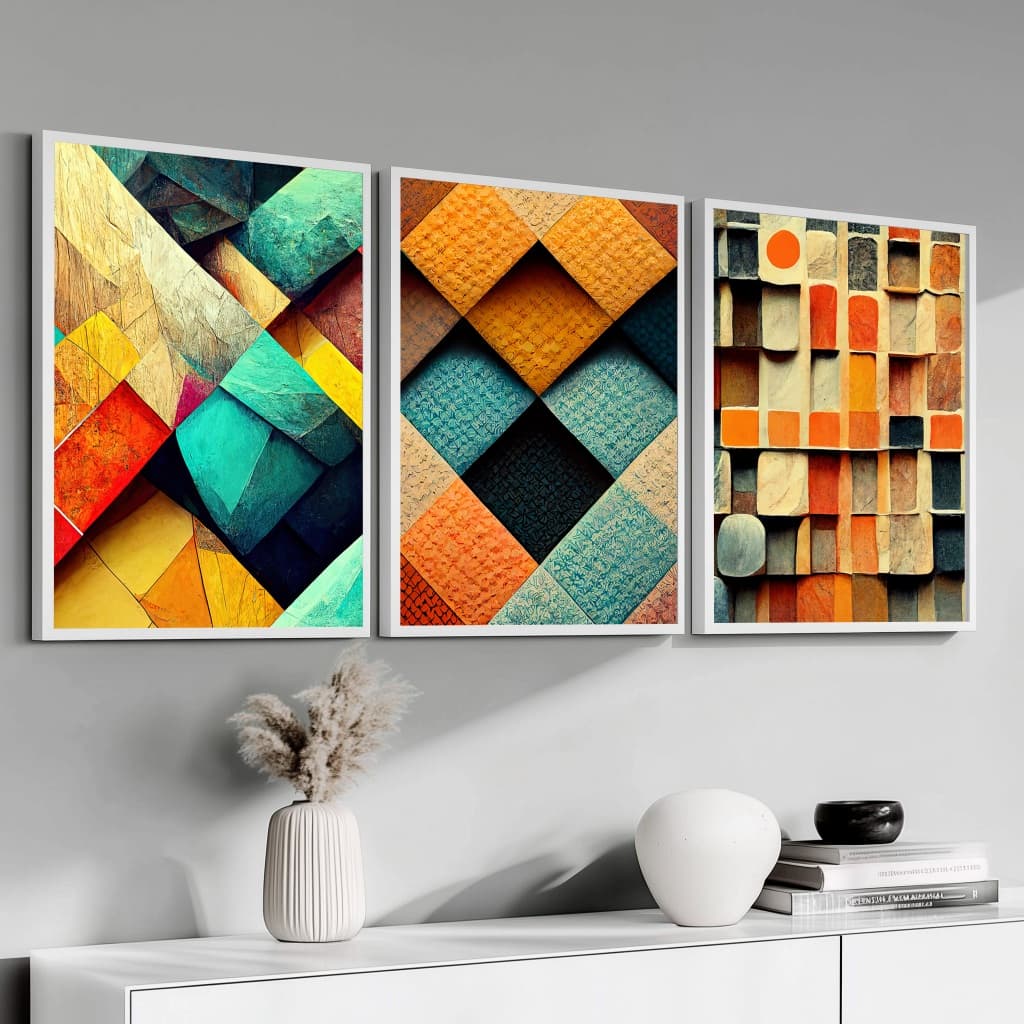 Kit de quadros abstratos geométricos em molduras brancas 40x60 cm