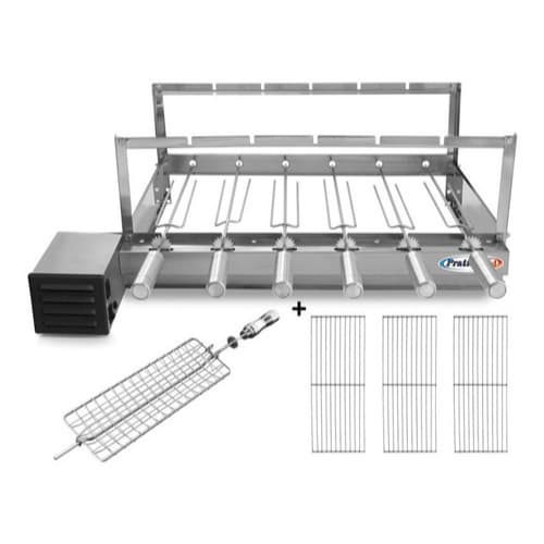 Kit Churrasqueira Gira Grill 6 Espetos Inox Giratória com 1 Espeto Grelha + 3 Grelhas Auxiliares