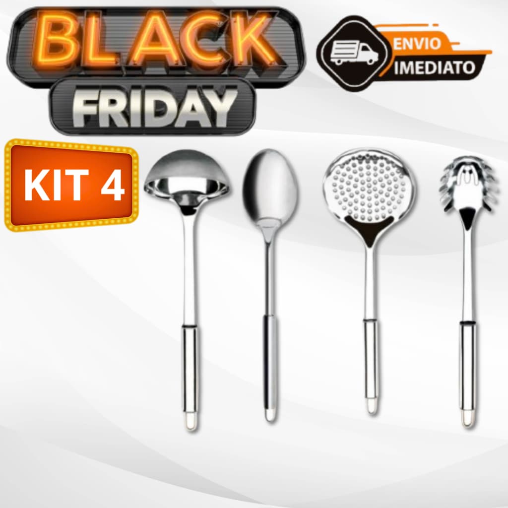 Kit 4 Utensílios de Cozinha Aço Inox Black Friday