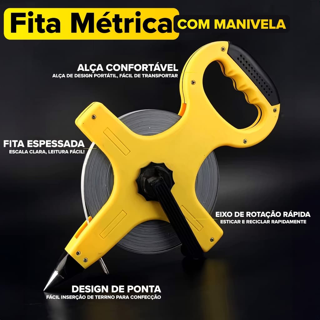 Fita métrica profissional com manivela de 50 metros, fita de fibra de vidro, ergonômica, com rotação rápida