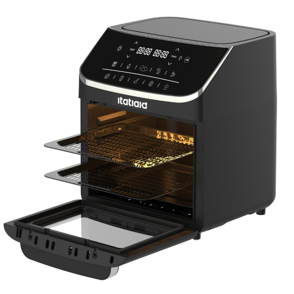Forno AirFryer Itatiaia 12 Litros com Touchscreen, cor preta, compartimento aberto, luz interna ativa, duas prateleiras, tela digital