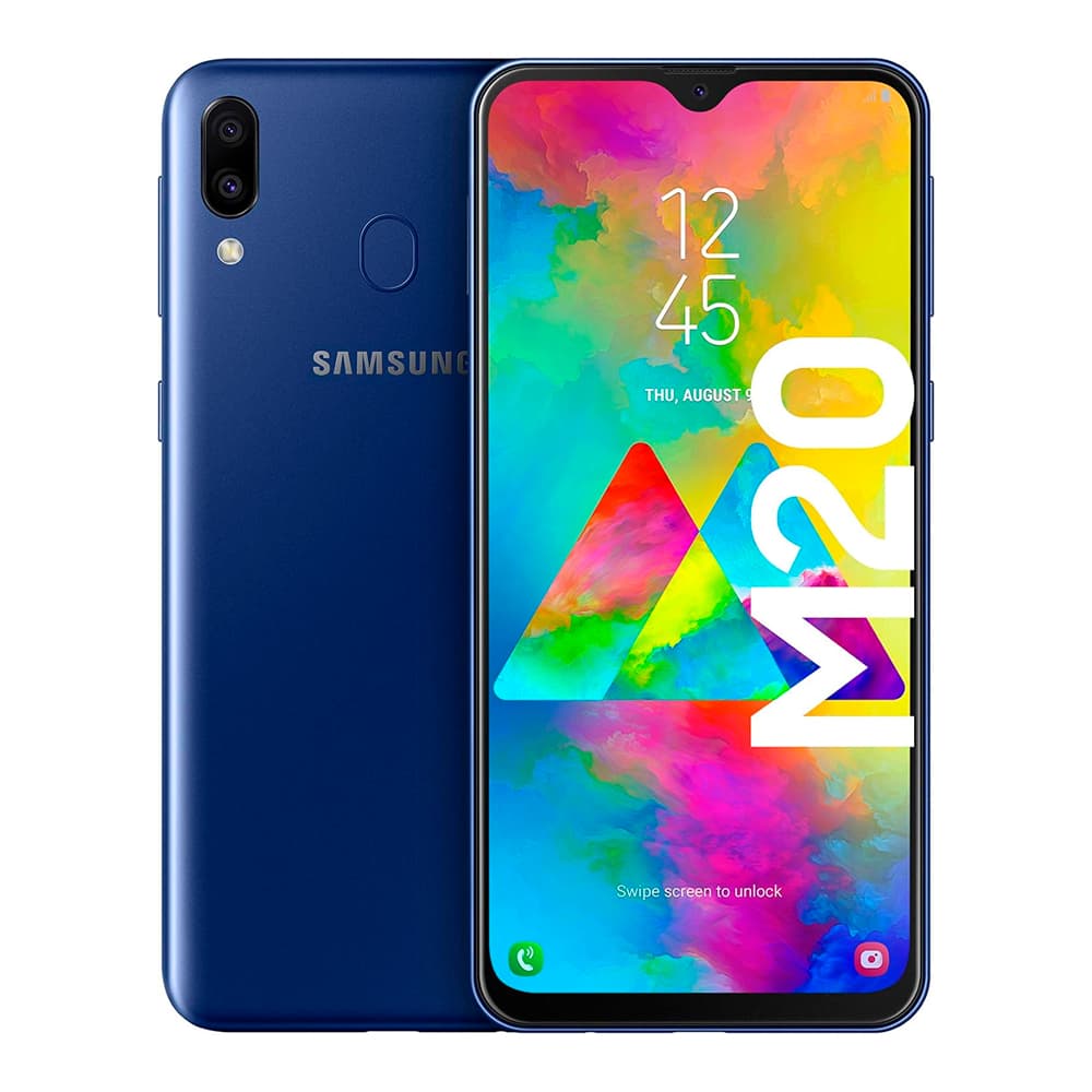 Smartphone Samsung Galaxy M20 azul com câmera dupla e tela multicolorida