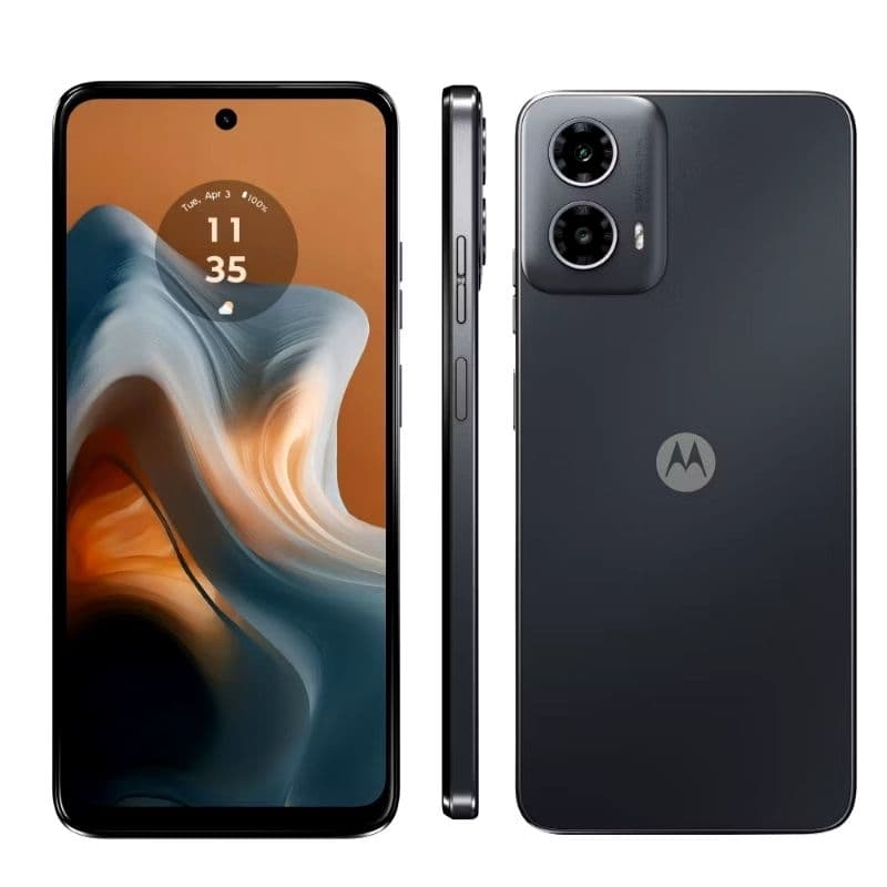 Smartphone Moto G34 5G NFC com display de 6.5 polegadas e 120Hz, câmera frontal e traseira dupla, fundo branco