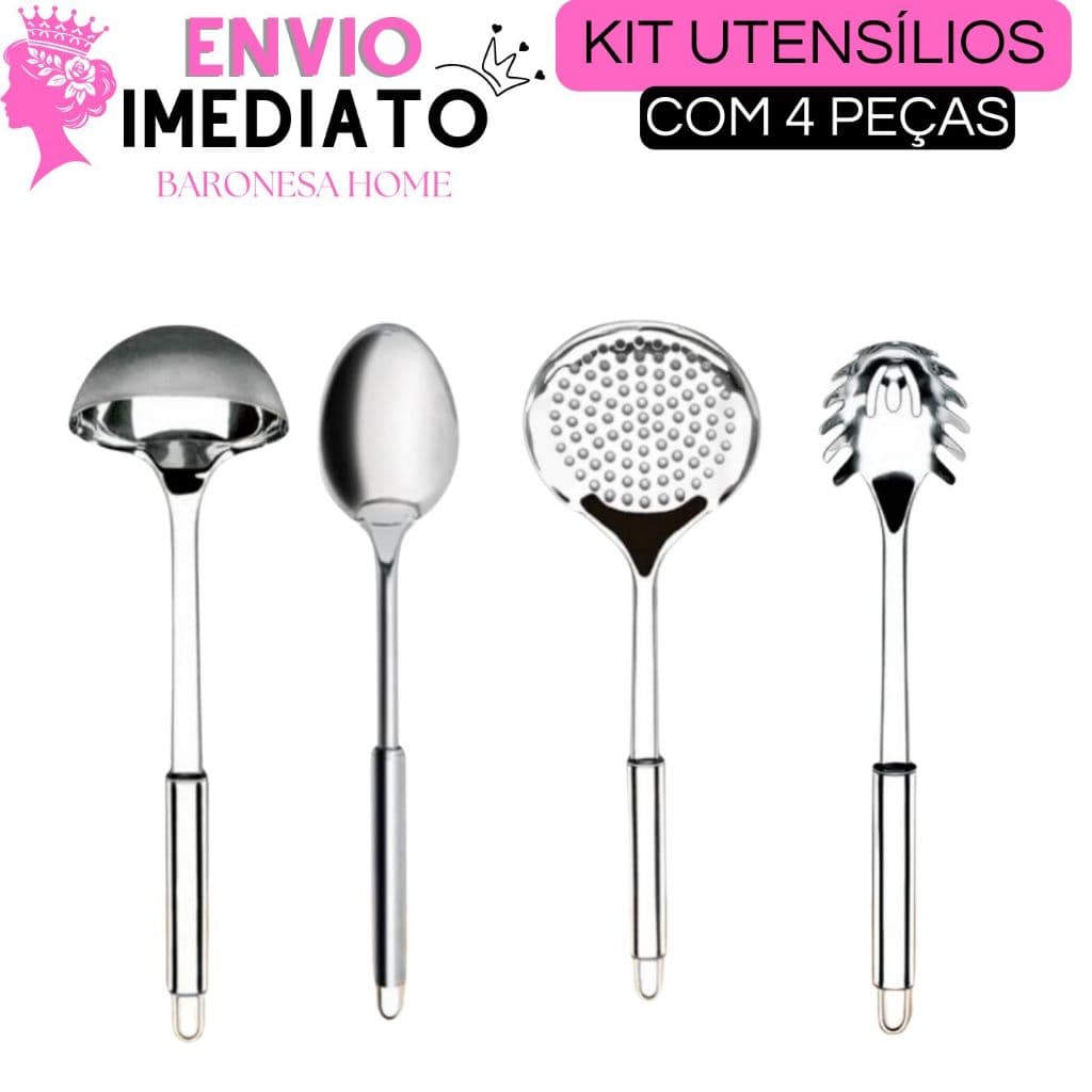 Kit 4 Utensílios de Cozinha Escumadeira Concha de Feijão Colher de Arroz Concha de Massas Aço Inox