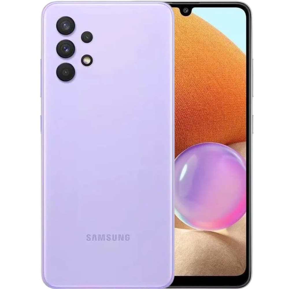 Samsung Galaxy A32 128GB violeta, vista lateral com câmera quádrupla e logotipo Samsung