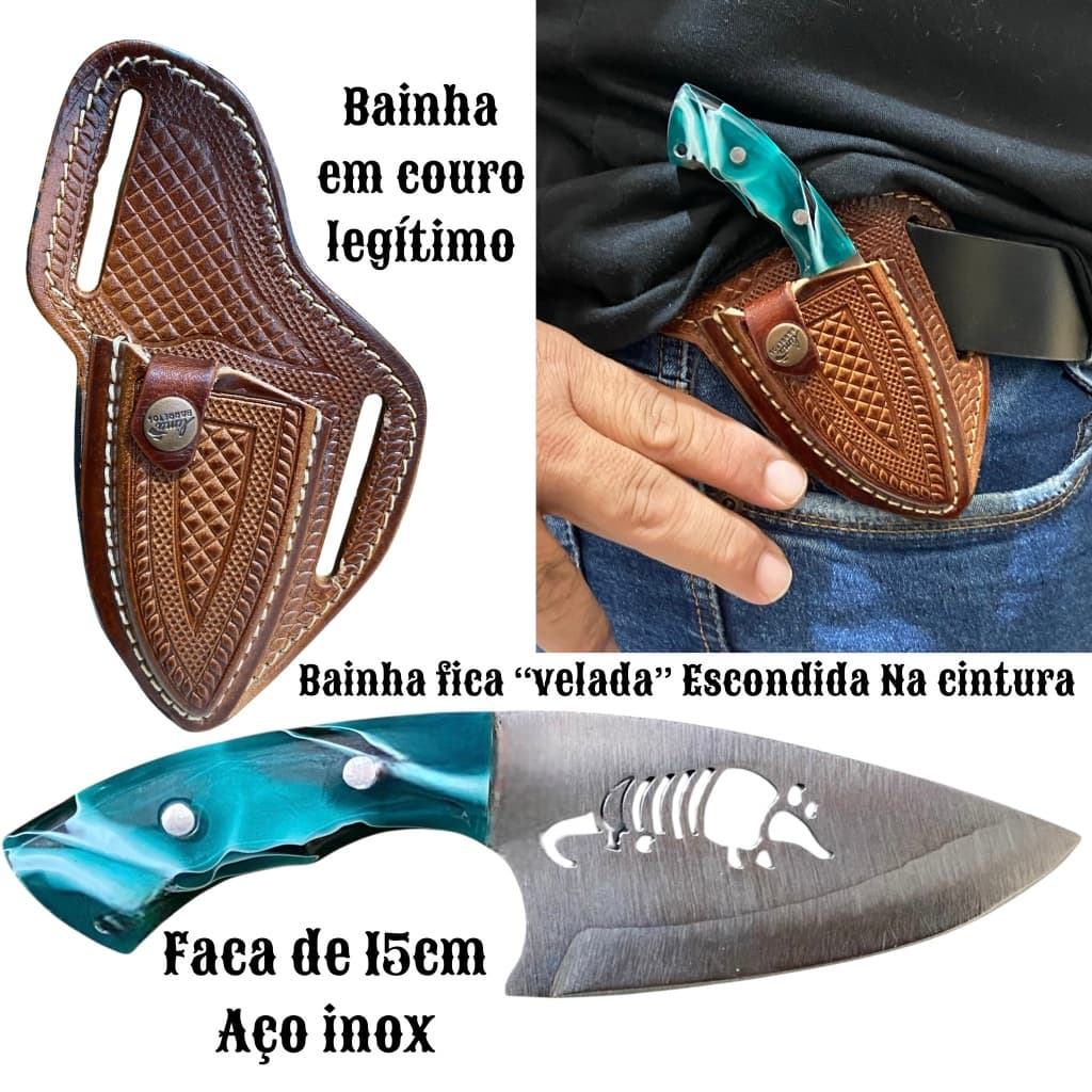 Faca Faquinha Tatu Campeira Inox com bainha em couro legítimo, cabo azul e branco, gravura de tatu.