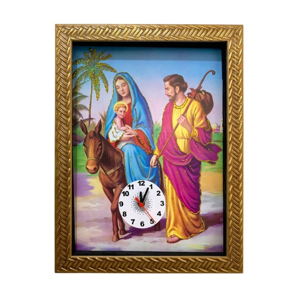 Quadro religioso Nossa Senhora do Desterro com relógio 34x44cm com moldura dourada