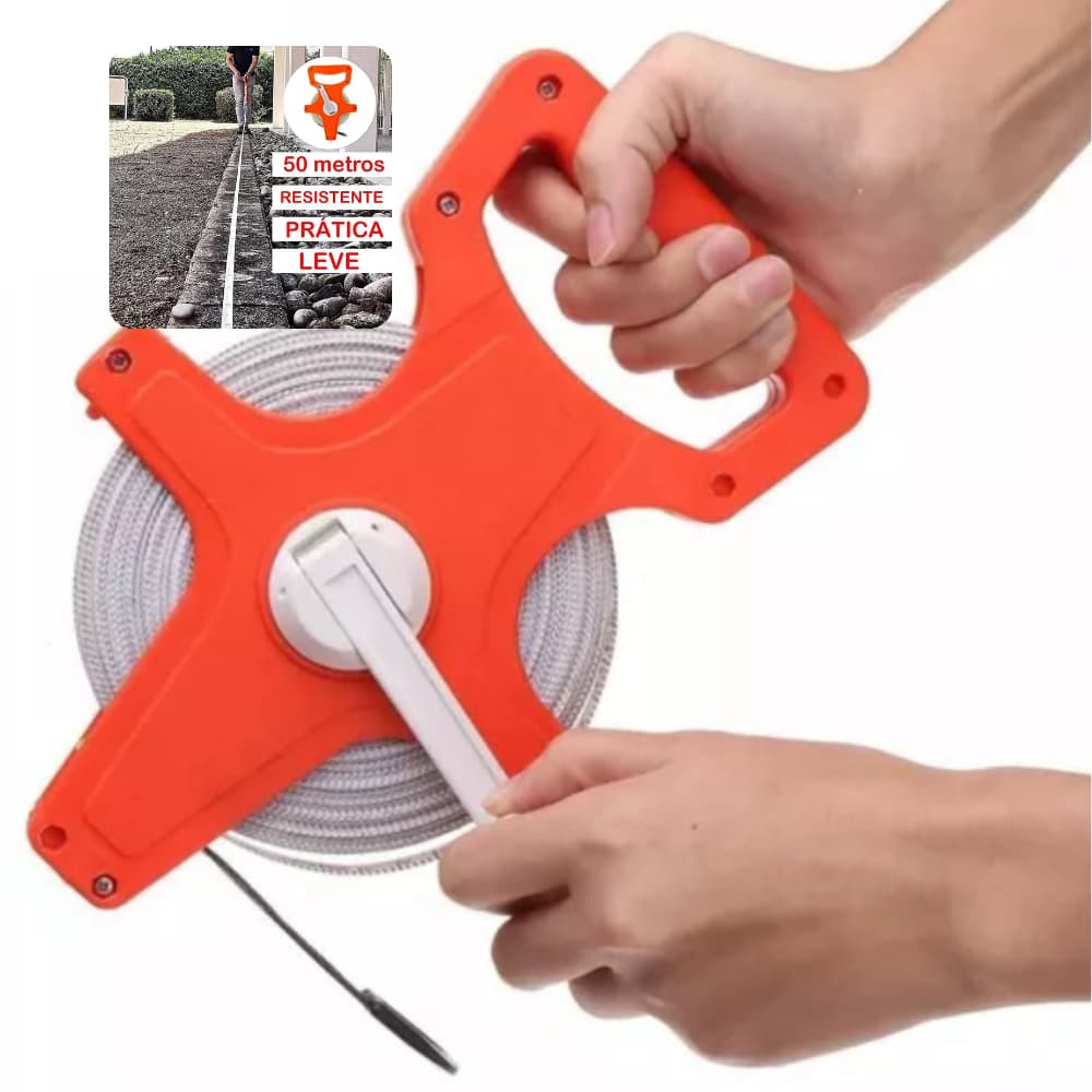 Fita trena métrica de 50m com manivela em plástico laranja e faixa de fibra de vidro cinza