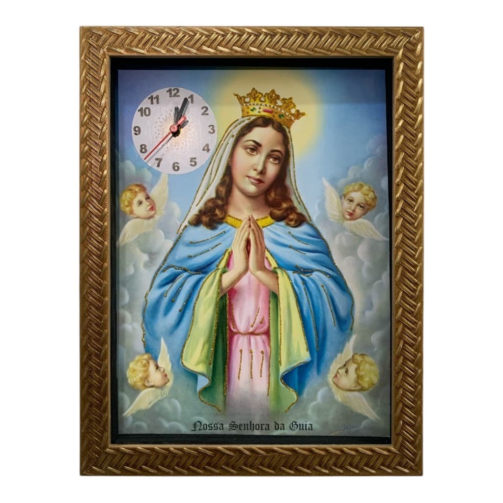 Quadro decorativo religioso Nossa Senhora da Guia com relógio 34x44cm