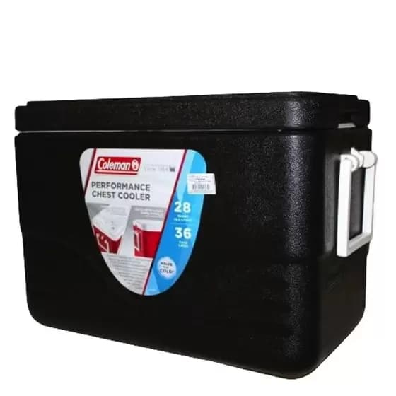 Caixa térmica preta Coleman Performance Chest Cooler, capacidade para 28 latinhas, 36 latinhas e 36 garrafas, mantém alimentos e bebidas gelados por até 3 dias.