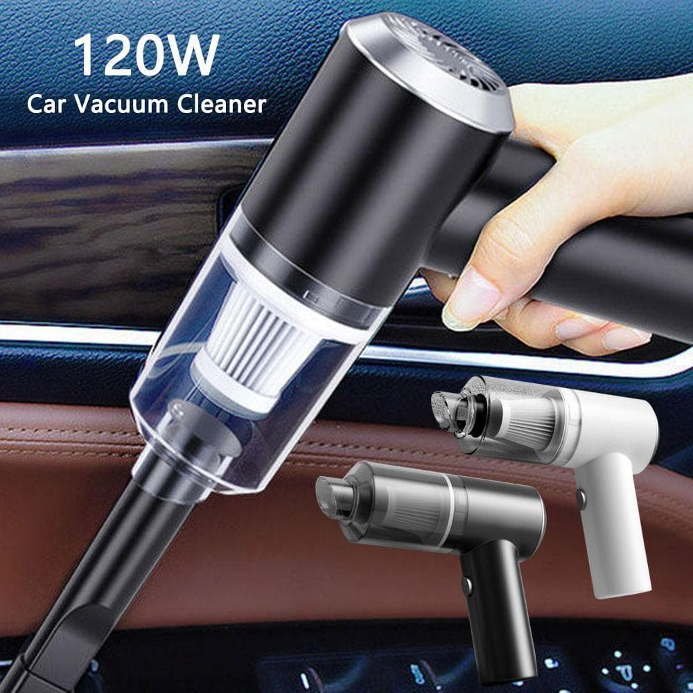 Aspirador de pó portátil 3 em 1 para carros, 120W, com acessórios transparentes e componentes metálicos, usado no interior de um veículo.